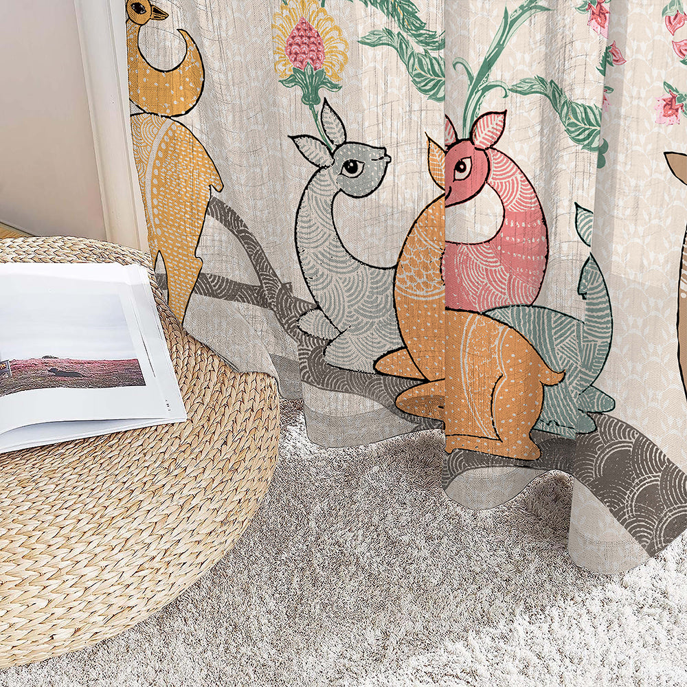 Forest Folklore Floral Blanched Almond Linen Sheer Curtain Set of 2 -(DS566A)