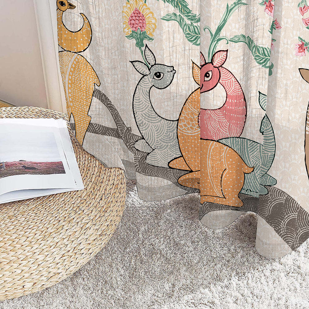 Forest Folklore Floral Blanched Almond Linen Sheer Curtain Set of 2 -(DS566A)