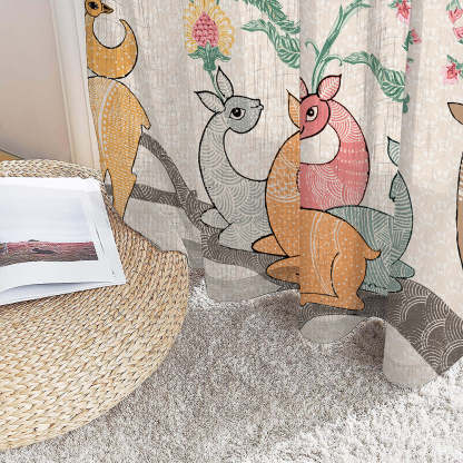 Forest Folklore Floral Blanched Almond Linen Sheer Curtain Set of 2 -(DS566A)