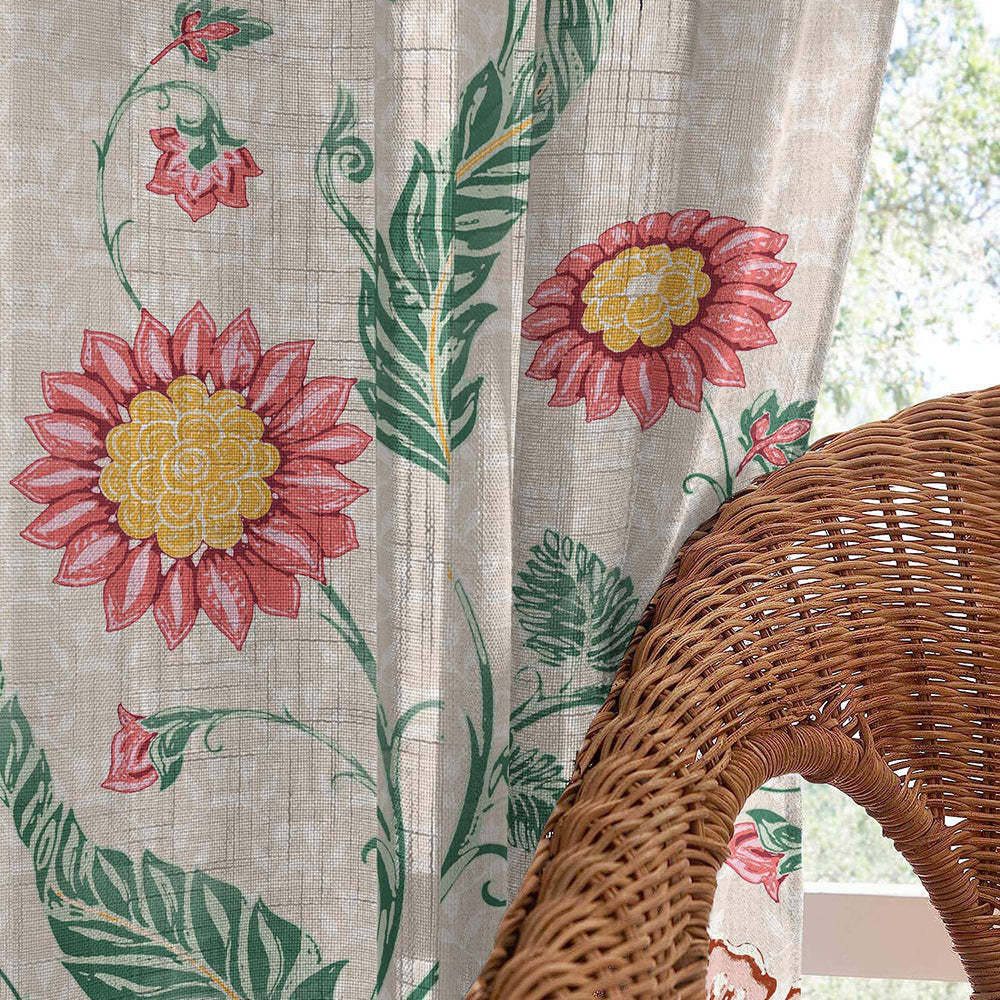 Forest Folklore Floral Blanched Almond Linen Sheer Curtain Set of 2 -(DS566A)