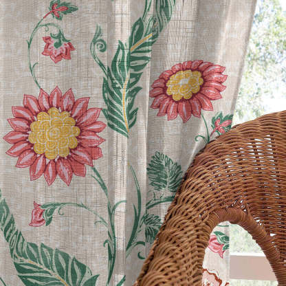 Forest Folklore Floral Blanched Almond Linen Sheer Curtain Set of 2 -(DS566A)