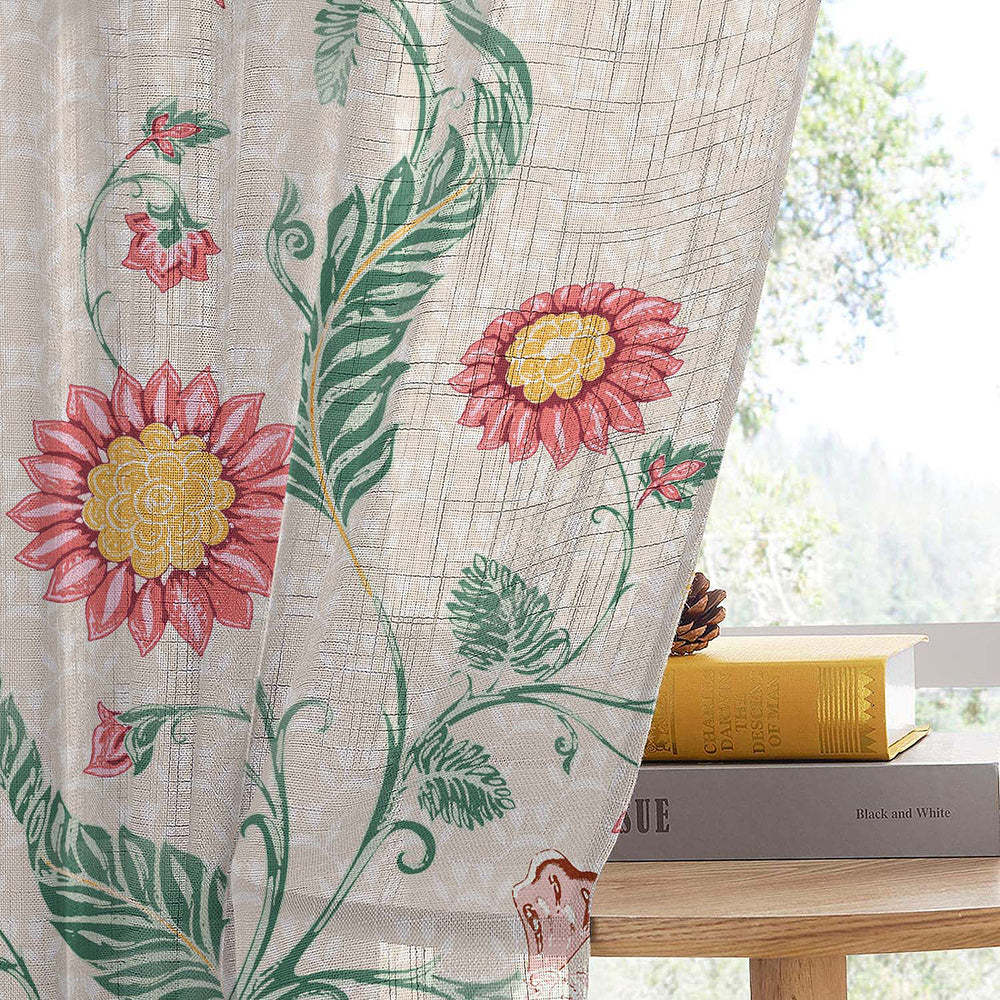 Forest Folklore Floral Blanched Almond Linen Sheer Curtain Set of 2 -(DS566A)
