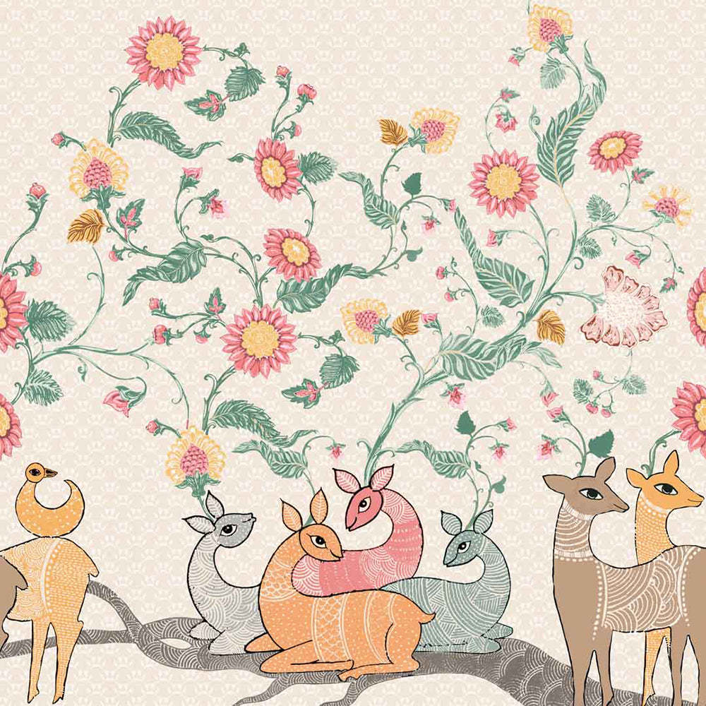 Forest Folklore Floral Blanched Almond Linen Sheer Curtain Set of 2 -(DS566A)
