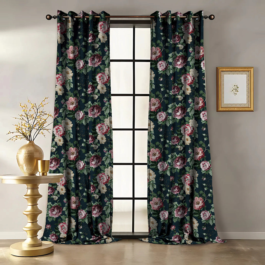 Nostalgic Reverie Floral Yankees Blue Dimout Curtain Set Of 2 -(DS592A)