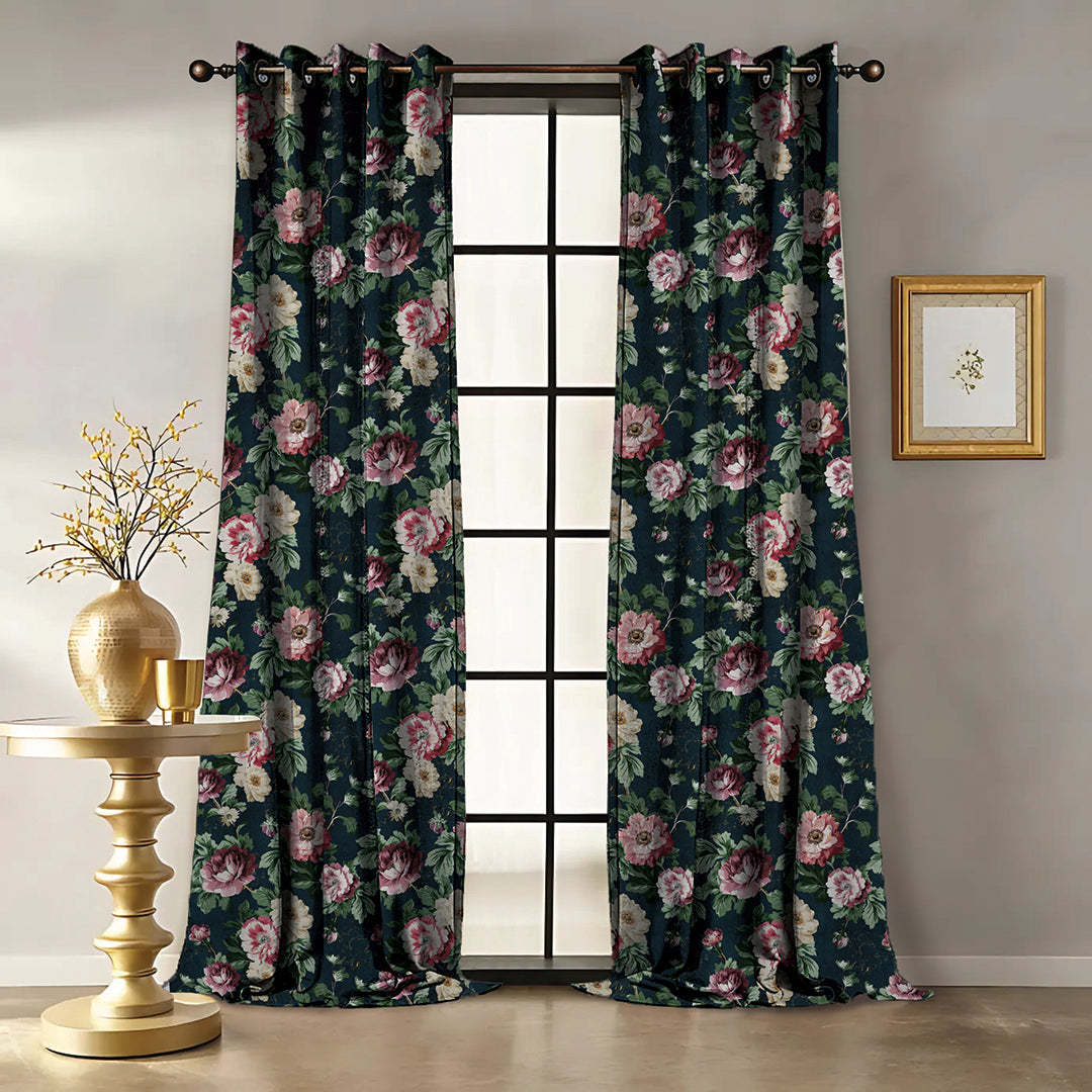 Nostalgic Reverie Floral Yankees Blue Dimout Curtain Set Of 2 -(DS592A)