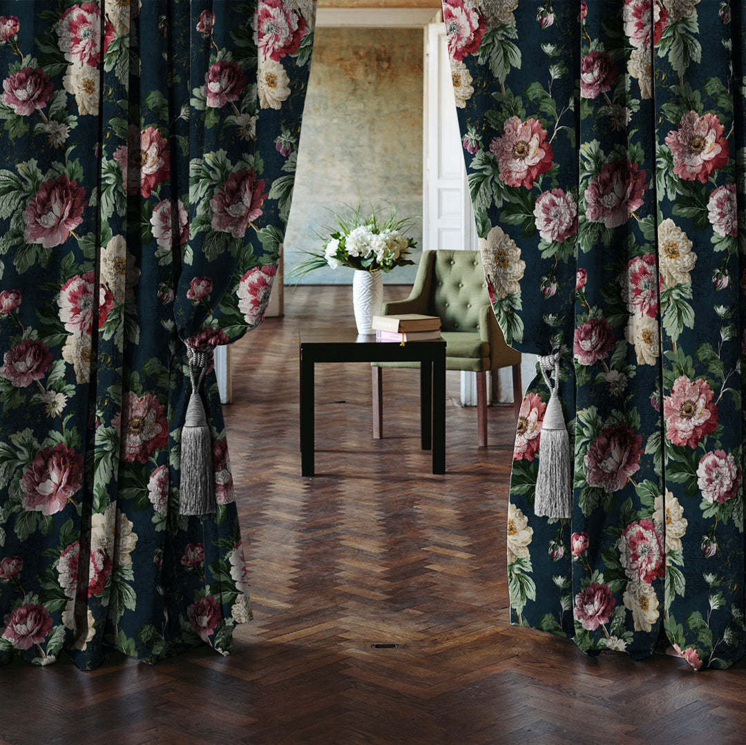 Nostalgic Reverie Floral Yankees Blue Dimout Curtain Set Of 2 -(DS592A)