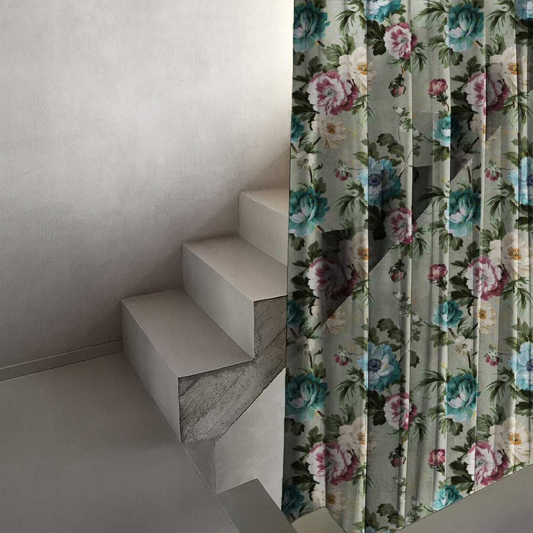Nostalgic Reverie Floral Spanish Gray Sheer Curtain Set Of 2 -(DS592E)