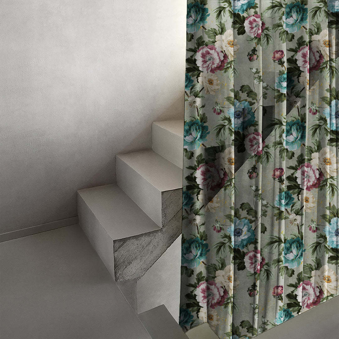 Nostalgic Reverie Floral Spanish Gray Sheer Curtain Set Of 2 -(DS592E)