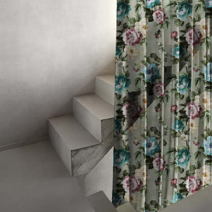 Nostalgic Reverie Floral Spanish Gray Sheer Curtain Set Of 2 -(DS592E)