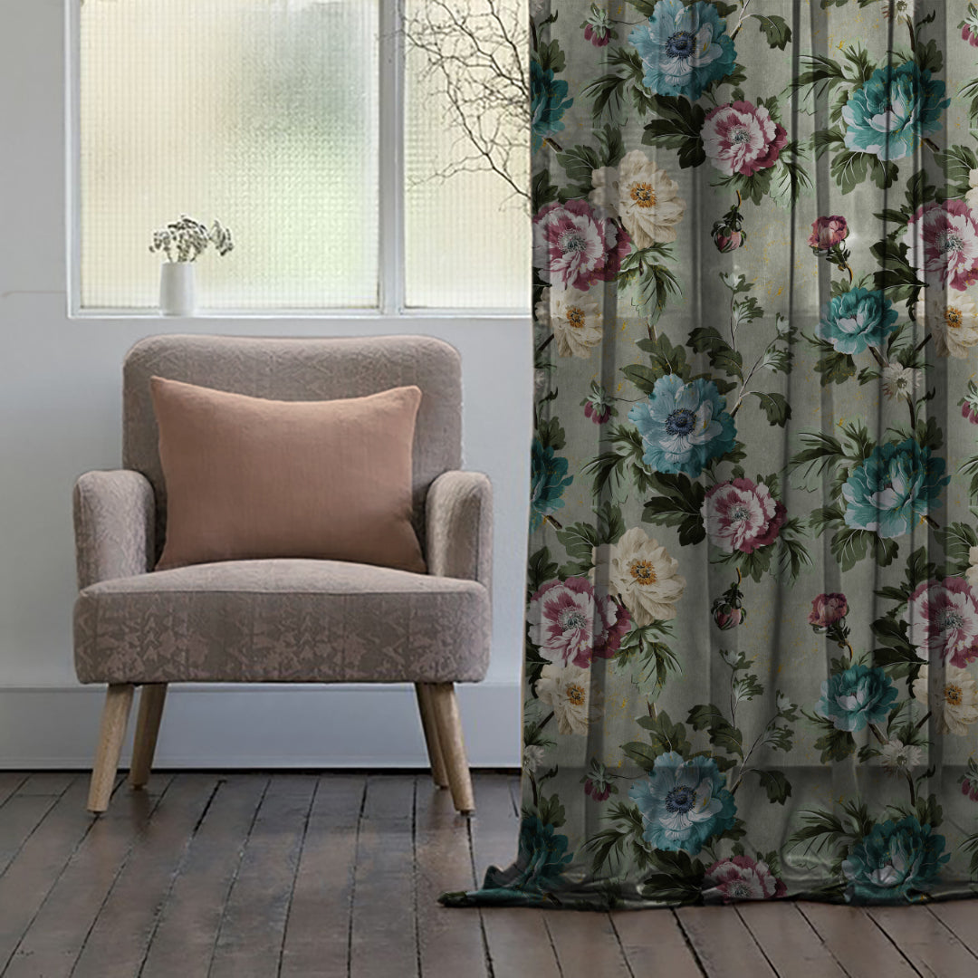 Nostalgic Reverie Floral Spanish Gray Sheer Curtain Set Of 2 -(DS592E)