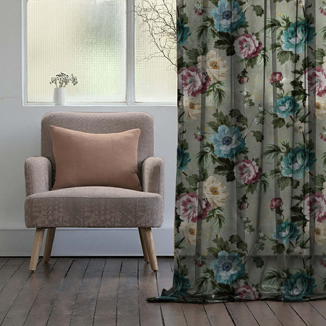 Nostalgic Reverie Floral Spanish Gray Sheer Curtain Set Of 2 -(DS592E)