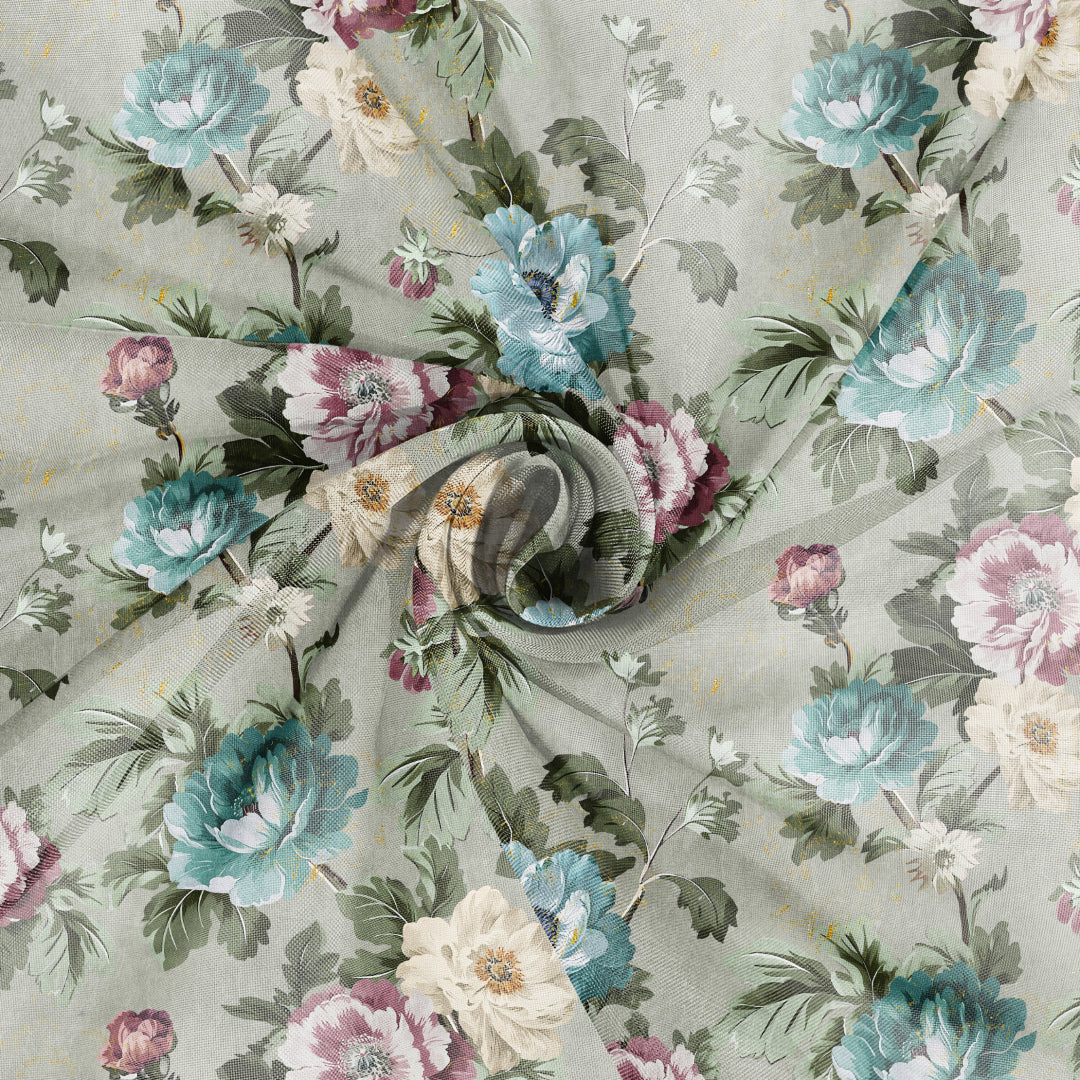 Nostalgic Reverie Floral Spanish Gray Sheer Curtain Set Of 2 -(DS592E)