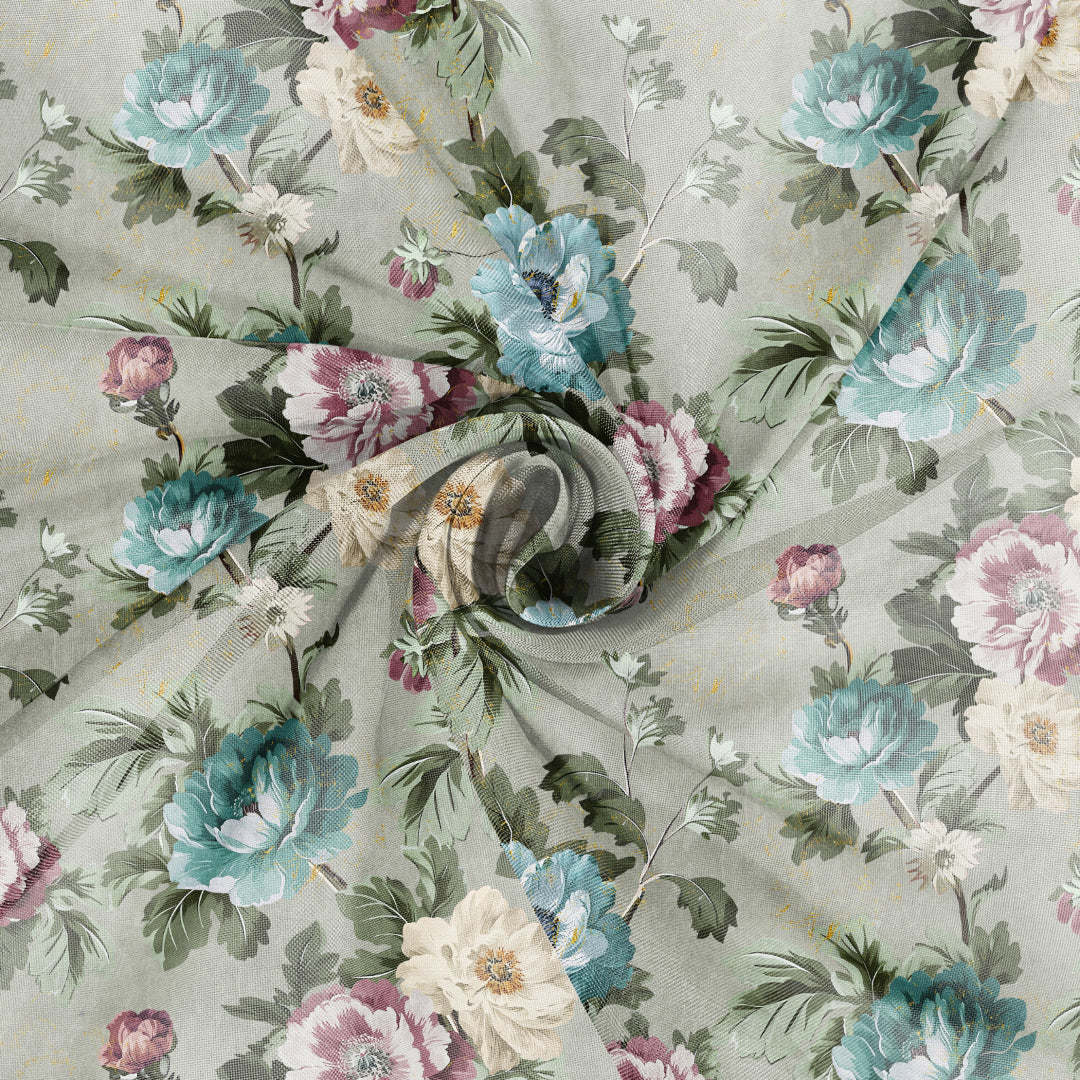 Nostalgic Reverie Floral Spanish Gray Sheer Curtain Set Of 2 -(DS592E)