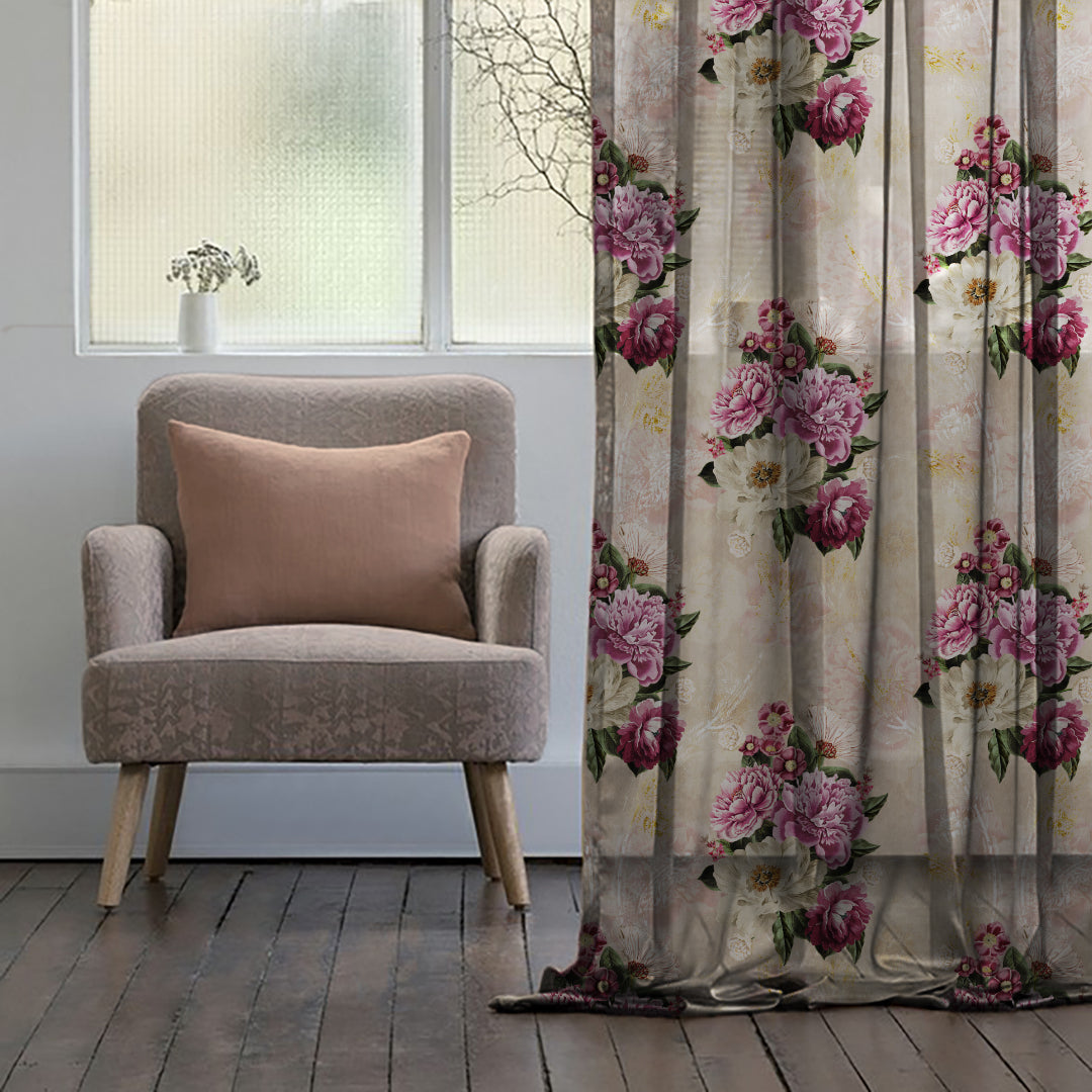 Bouquet Royale Floral Dark Vanilla Beige Sheer Curtain Set Of 2 -(DS593C)