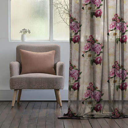 Bouquet Royale Floral Dark Vanilla Beige Sheer Curtain Set Of 2 -(DS593C)