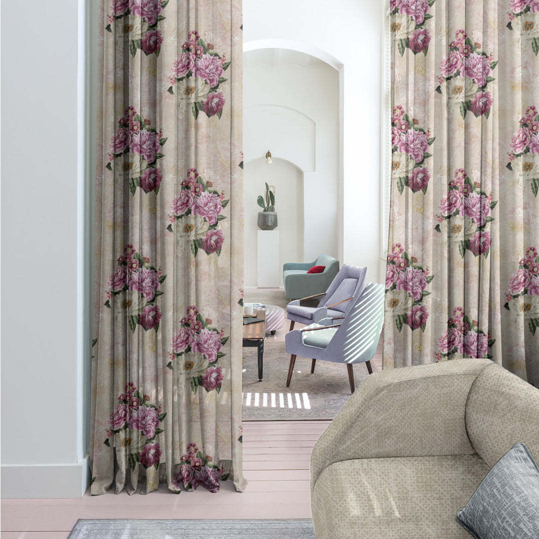 Bouquet Royale Floral Dark Vanilla Beige Sheer Curtain Set Of 2 -(DS593C)