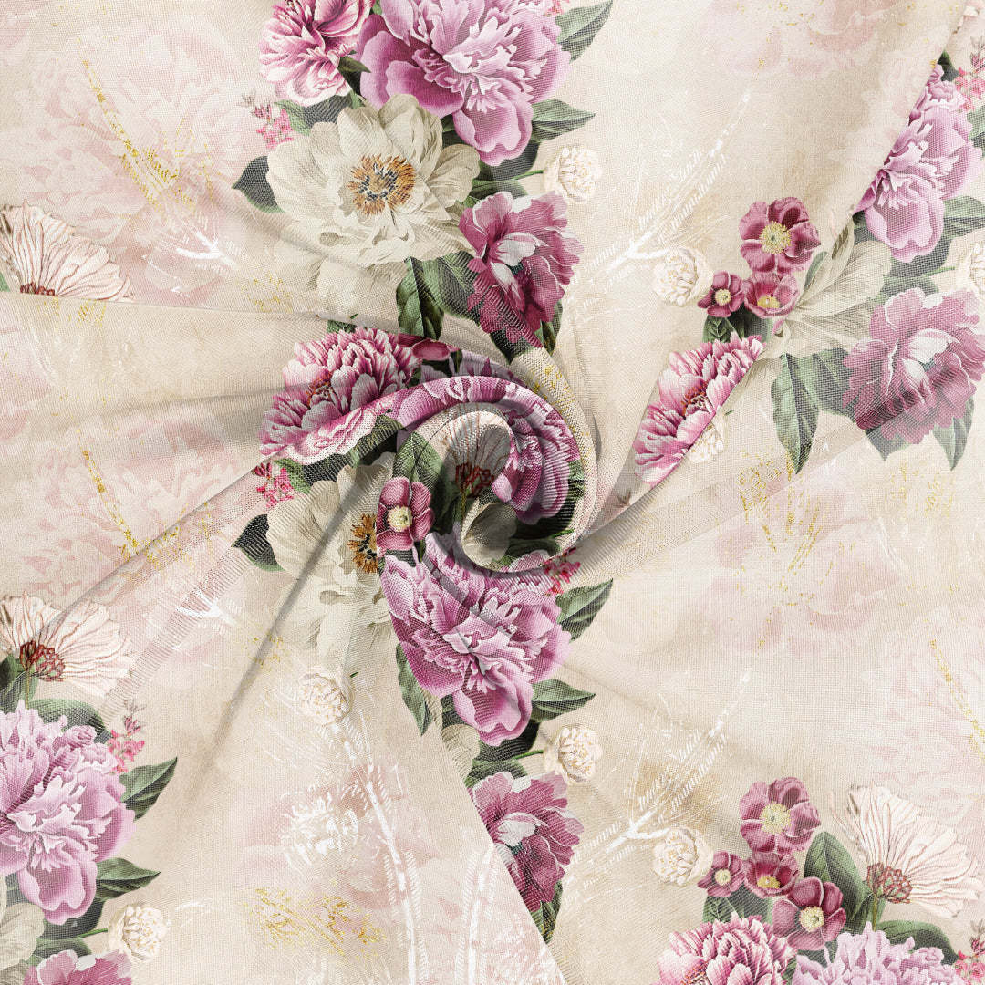 Bouquet Royale Floral Dark Vanilla Beige Sheer Curtain Set Of 2 -(DS593C)