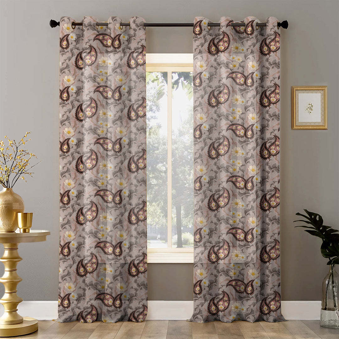Ornate Veil Floral Tuscany Brown Sheer Curtain Set Of 2 -(DS595D)