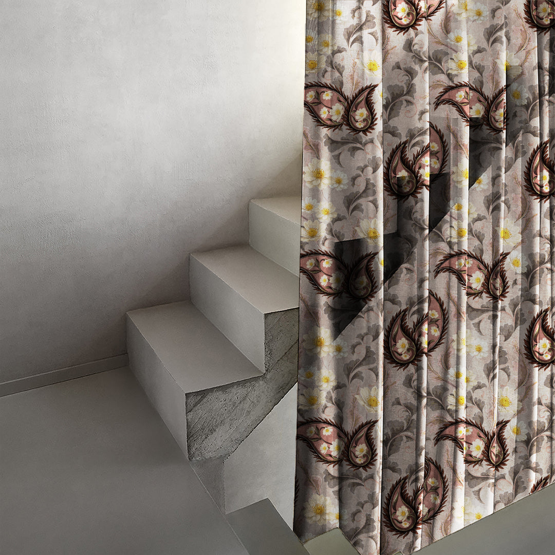 Ornate Veil Floral Tuscany Brown Sheer Curtain Set Of 2 -(DS595D)