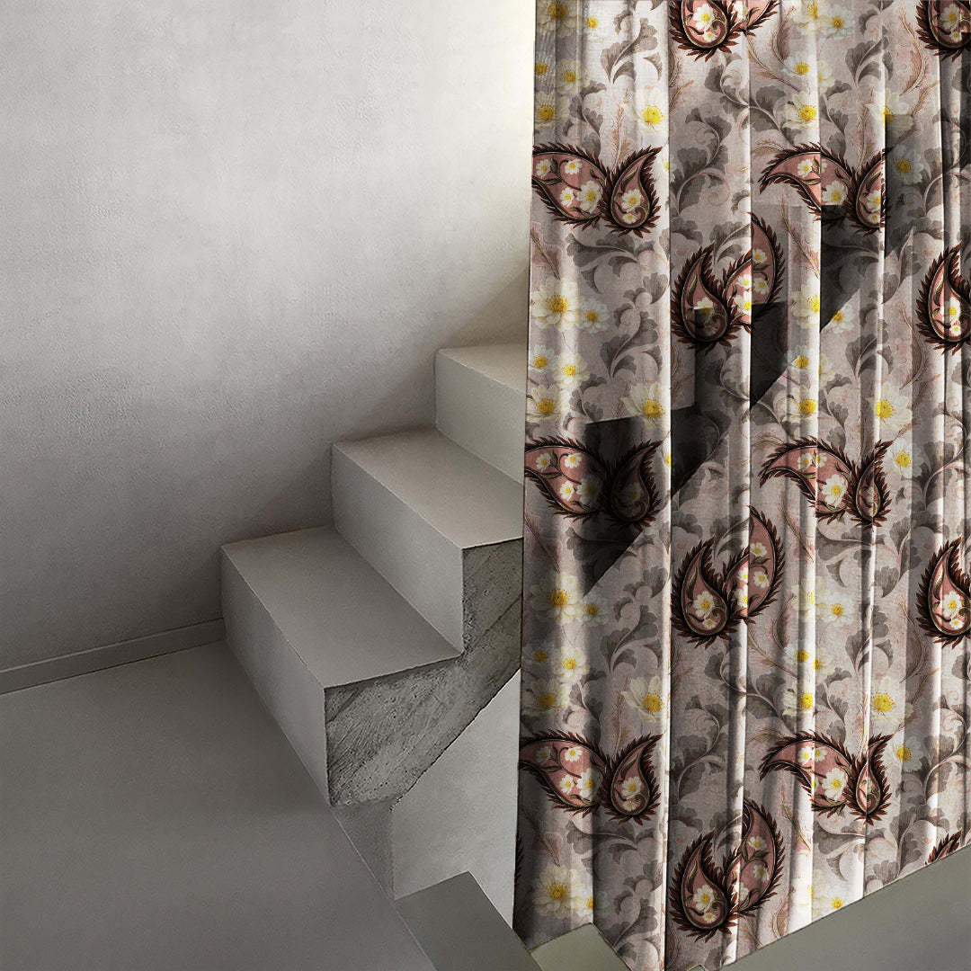 Ornate Veil Floral Tuscany Brown Sheer Curtain Set Of 2 -(DS595D)