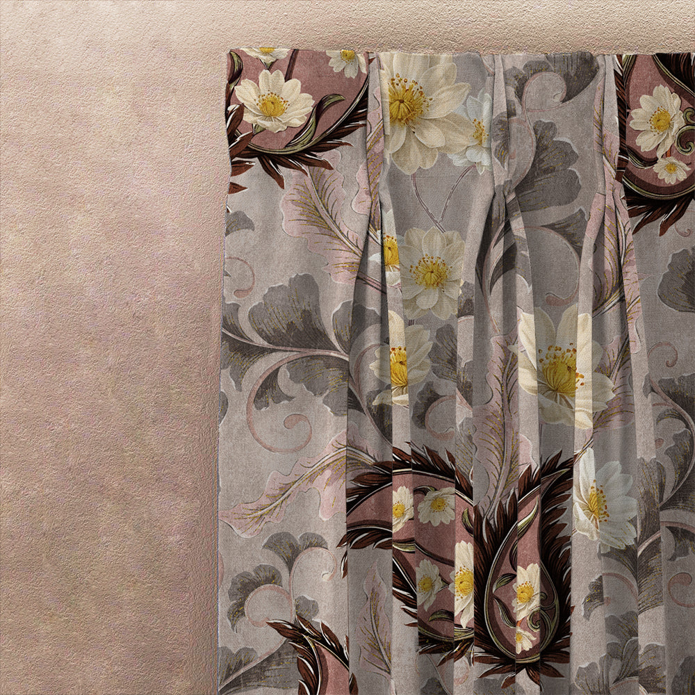 Ornate Veil Floral Tuscany Brown Dimout Curtain Set Of 2 -(DS595D)