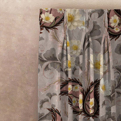 Ornate Veil Floral Tuscany Brown Dimout Curtain Set Of 2 -(DS595D)
