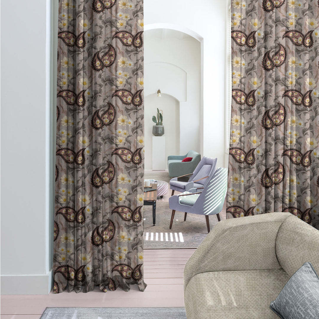 Ornate Veil Floral Tuscany Brown Sheer Curtain Set Of 2 -(DS595D)