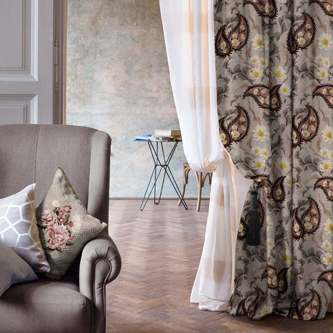 Ornate Veil Floral Tuscany Brown Dimout Curtain Set Of 2 -(DS595D)