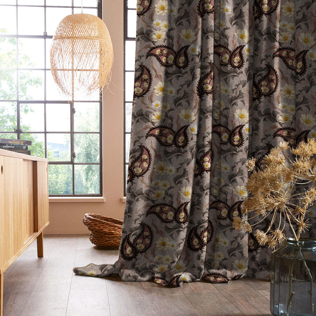 Ornate Veil Floral Tuscany Brown Dimout Curtain Set Of 2 -(DS595D)