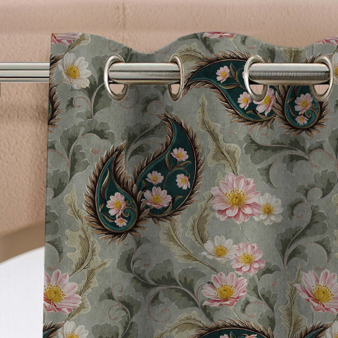 Ornate Veil Floral Spanish Gray Dimout Curtain Set Of 2 -(DS595E)