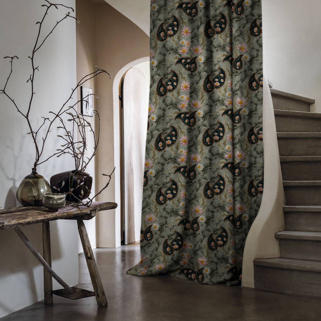 Ornate Veil Floral Spanish Gray Dimout Curtain Set Of 2 -(DS595E)