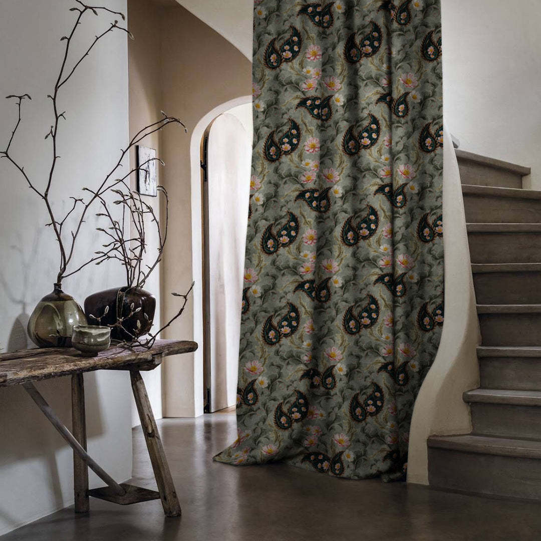 Ornate Veil Floral Spanish Gray Dimout Curtain Set Of 2 -(DS595E)