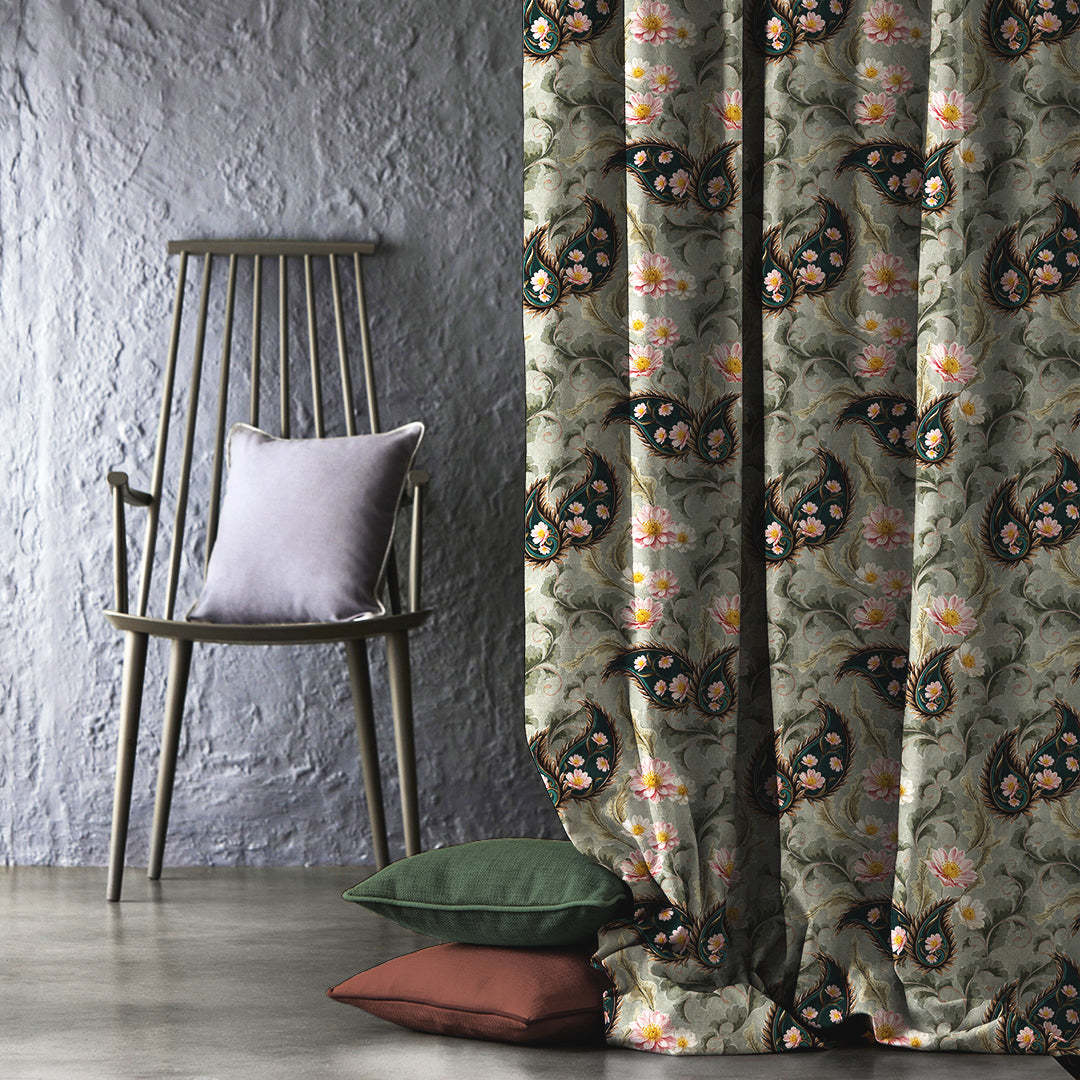 Ornate Veil Floral Spanish Gray Dimout Curtain Set Of 2 -(DS595E)
