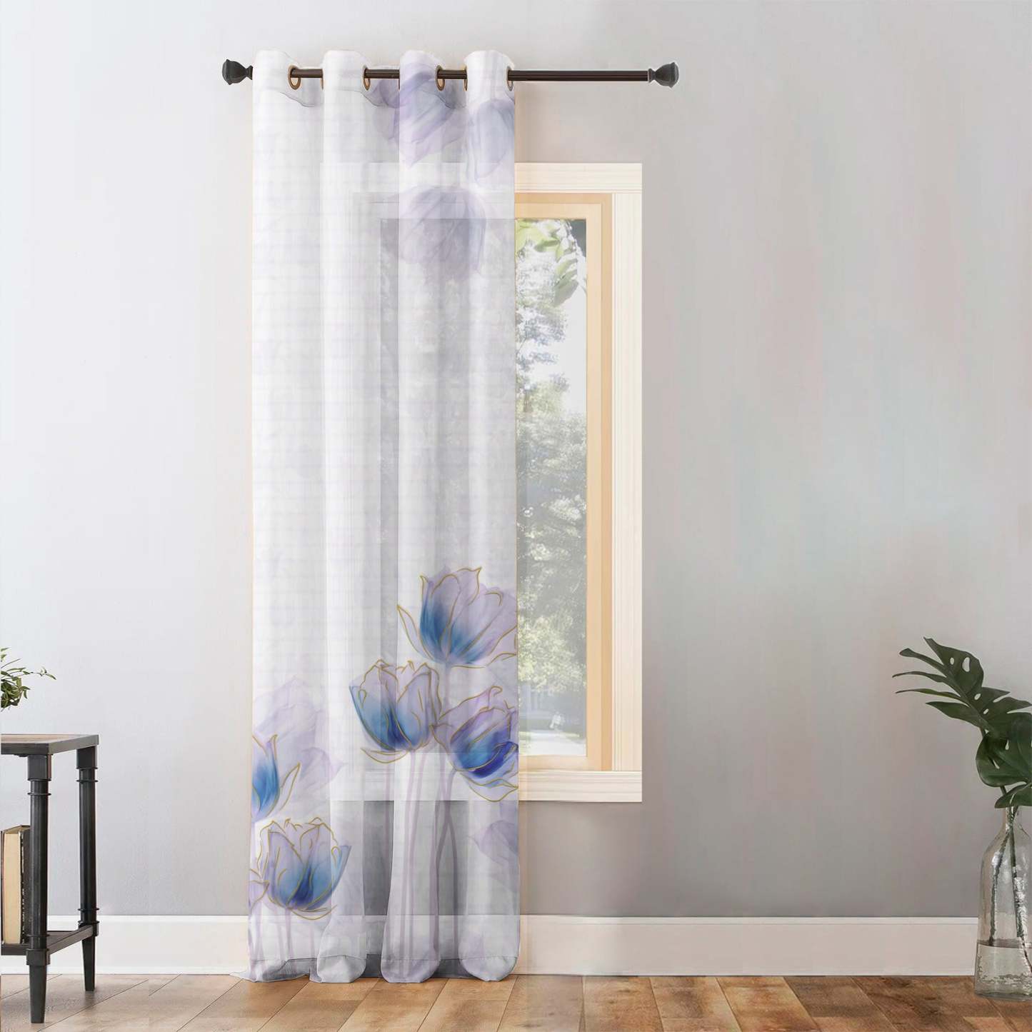 Morning Dew Floral Glossy Grape Purple Sheer Curtain Set of 1pc - (DS605)