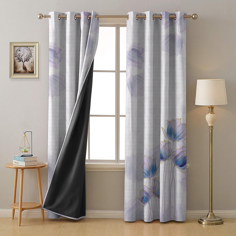 Morning Dew Floral Glossy Grape Purple Heavy Satin Blackout Curtain Set of 2 - DS605
