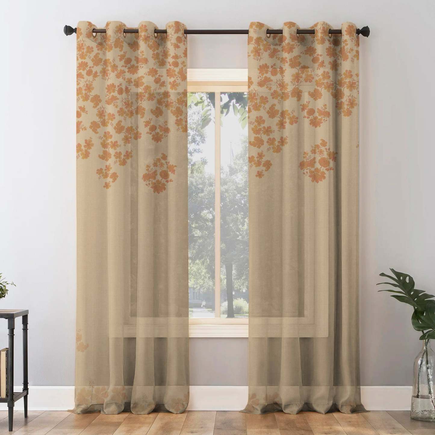 Sunlit Petals Floral Khaki Beige Sheer Curtain Set of 2 - DS606