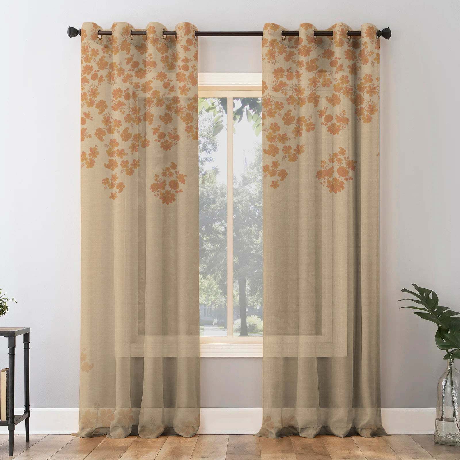 Sunlit Petals Floral Khaki Beige Sheer Curtain Set of 2 - DS606