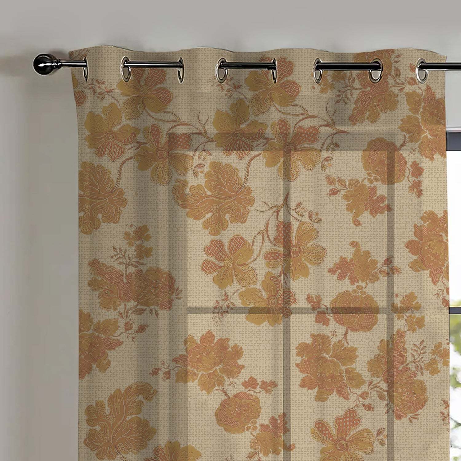 Sunlit Petals Floral Khaki Beige Sheer Curtain Set of 2 - DS606