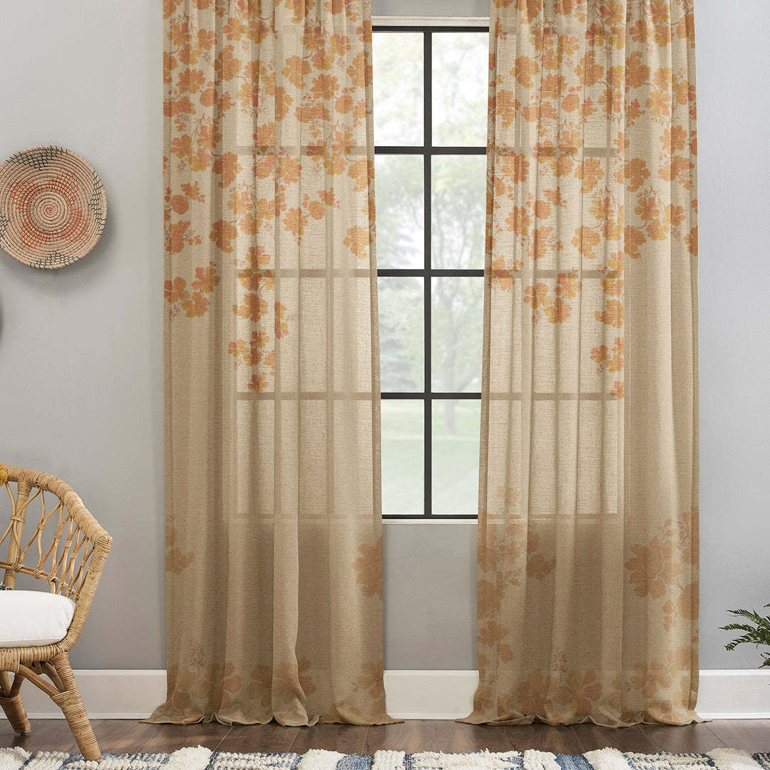 Sunlit Petals Floral Khaki Beige Sheer Curtain Set of 2 - DS606