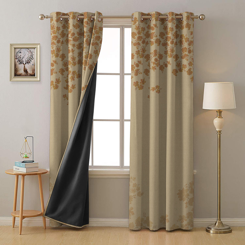 Sunlit Petals Floral Khaki Beige Heavy Satin Blackout Curtain Set of 2 - DS606