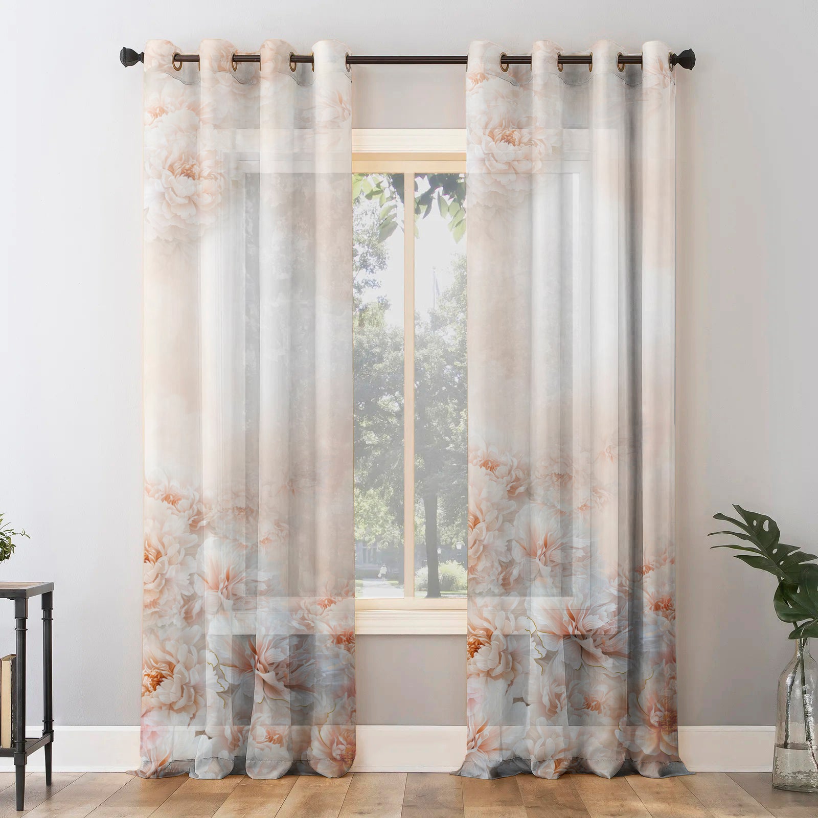 Summer Blush Floral Chestnut Pink Sheer Curtain Set of 2 - DS607