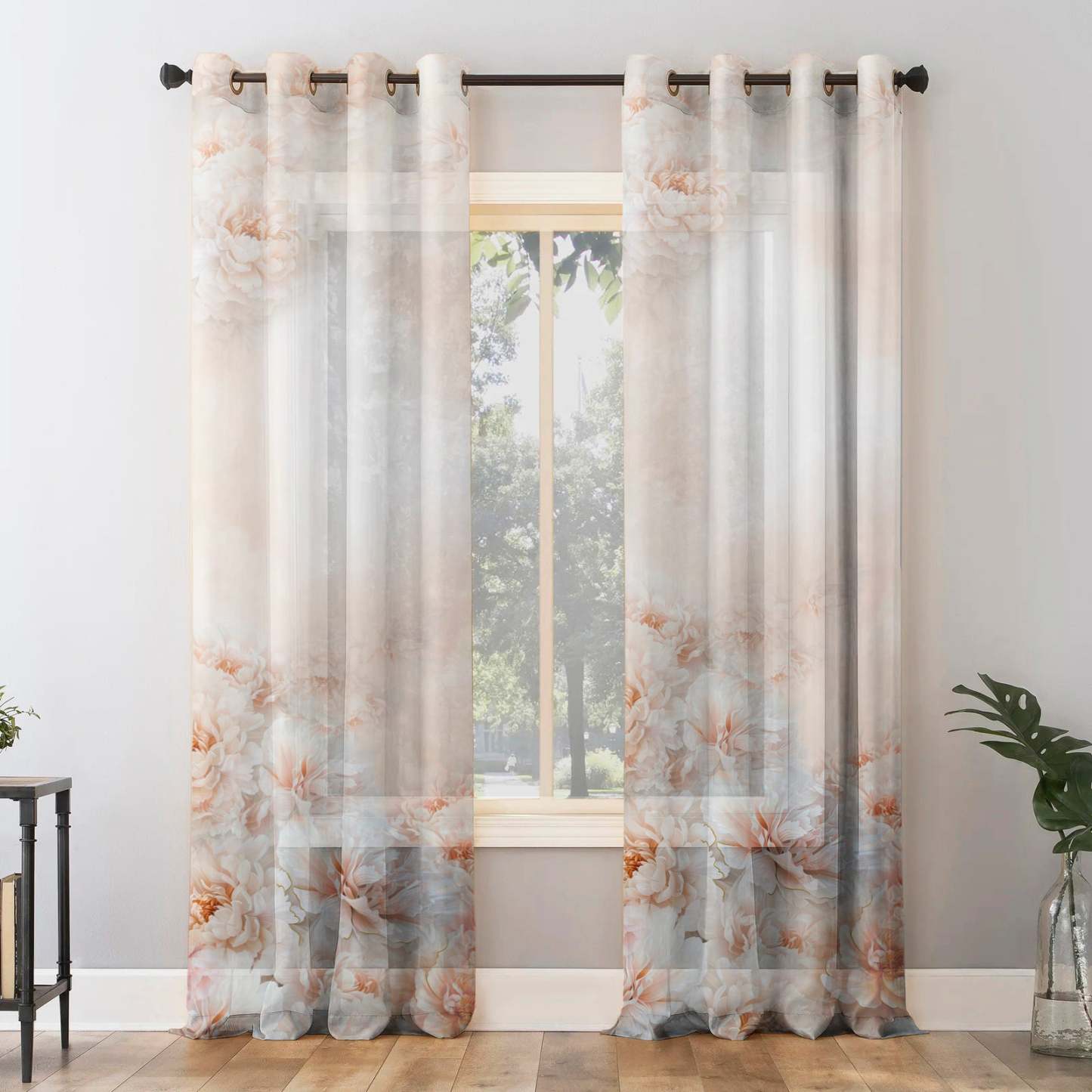 Summer Blush Floral Chestnut Pink Sheer Curtain Set of 2 - DS607
