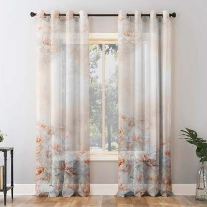 Summer Blush Floral Chestnut Pink Sheer Curtain Set of 2 - DS607