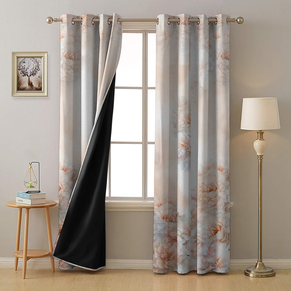 Summer Blush Floral Chestnut Pink Heavy Satin Blackout Curtain Set of 2 - DS607