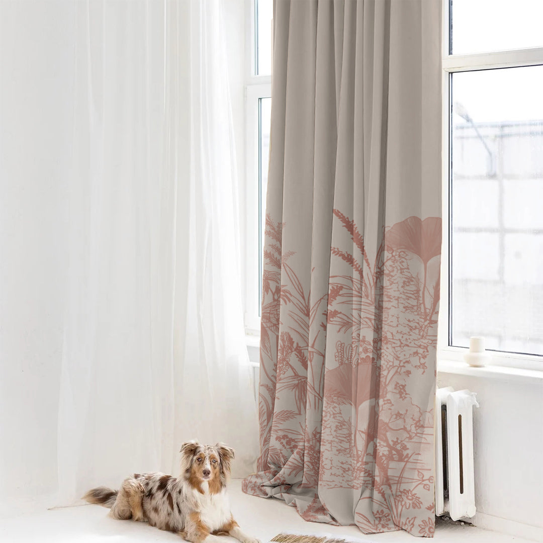 Tropical Sketch Floral Pastel Pink Heavy Satin Blackout Curtain Set of 2 - DS609