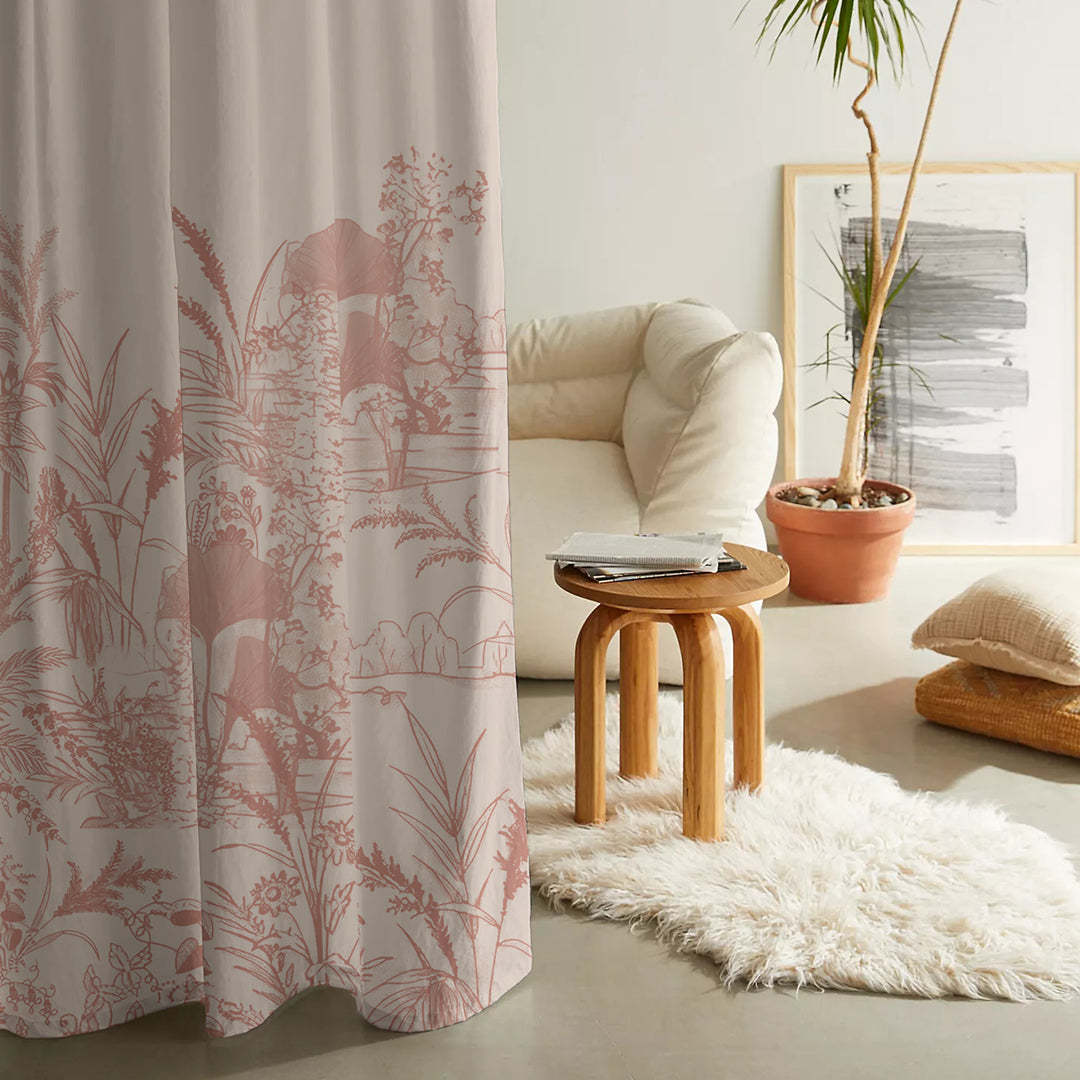 Tropical Sketch Floral Pastel Pink Heavy Satin Blackout Curtain Set of 2 - DS609