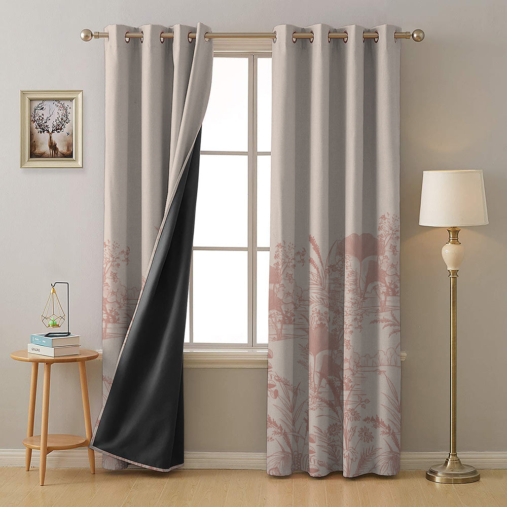 Tropical Sketch Floral Pastel Pink Heavy Satin Blackout Curtain Set of 2 - DS609