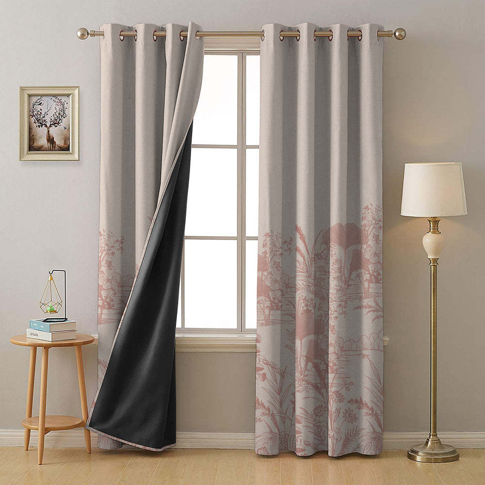 Tropical Sketch Floral Pastel Pink Heavy Satin Blackout Curtain Set of 2 - DS609