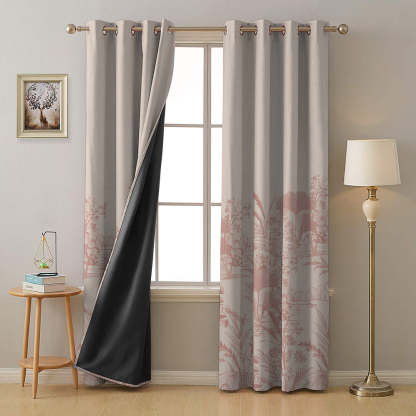 Tropical Sketch Floral Pastel Pink Heavy Satin Blackout Curtain Set of 2 - DS609