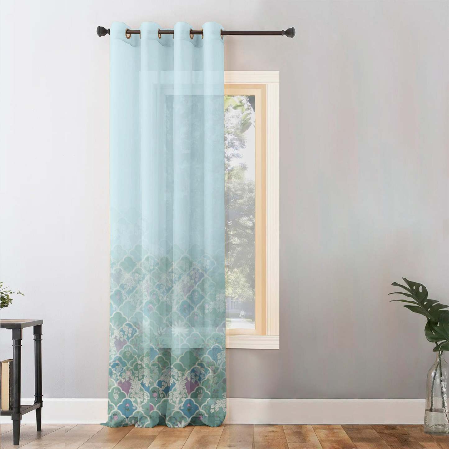 Icy Petals Indie Pastel Blue Sheer Curtain Set of 1pc - (DS612)